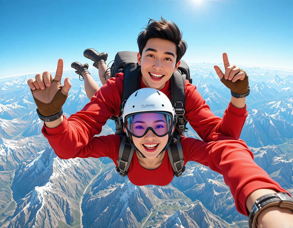 Tandem skydiving couple over snowy mountain peaks