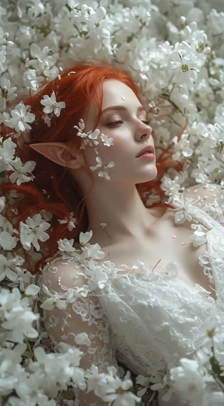Mujer elfa descansando entre flores blancas retrato onírico