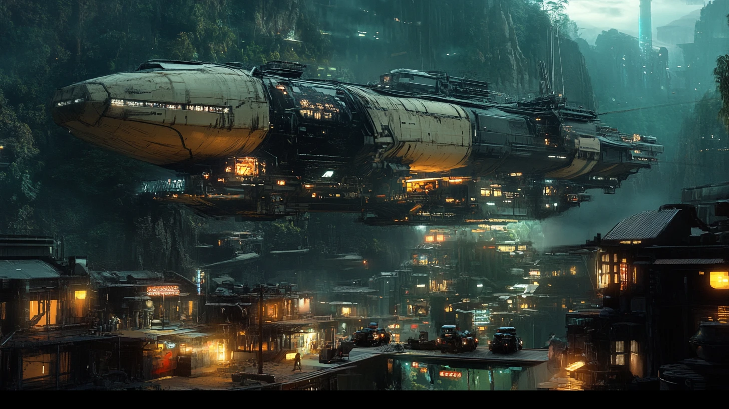 Massive sci fi cargo ship over alien town at night