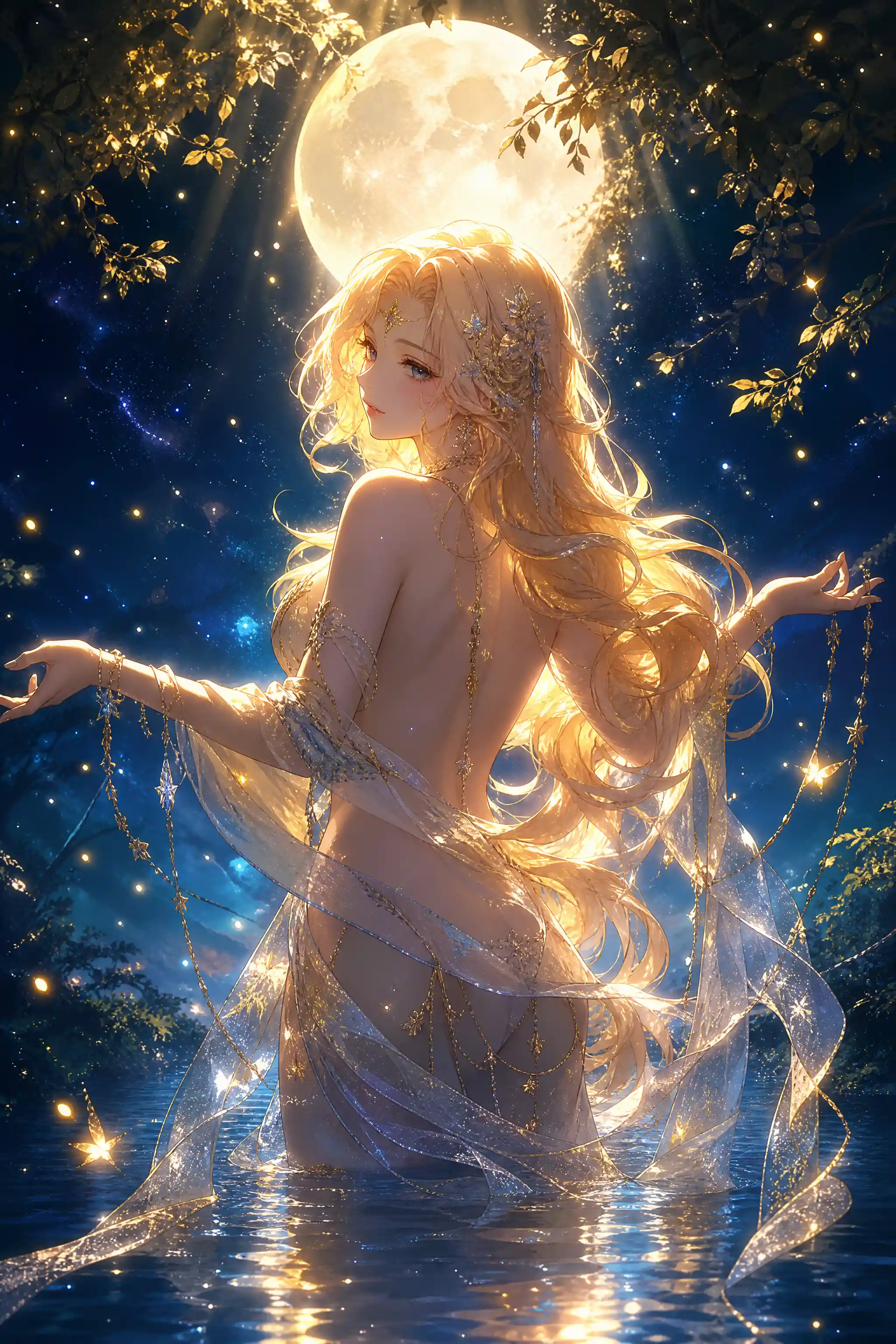 Blonde woman under a luminous full moon wrapped in light