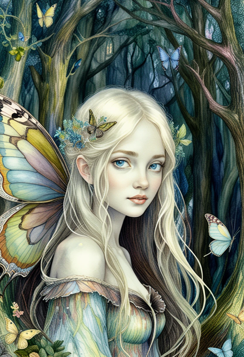 Ethereal butterfly fairy girl in a magical forest illustration