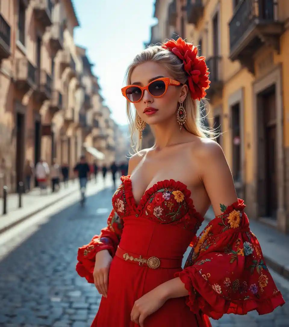Stylish blonde woman in bold urban street fashion pose