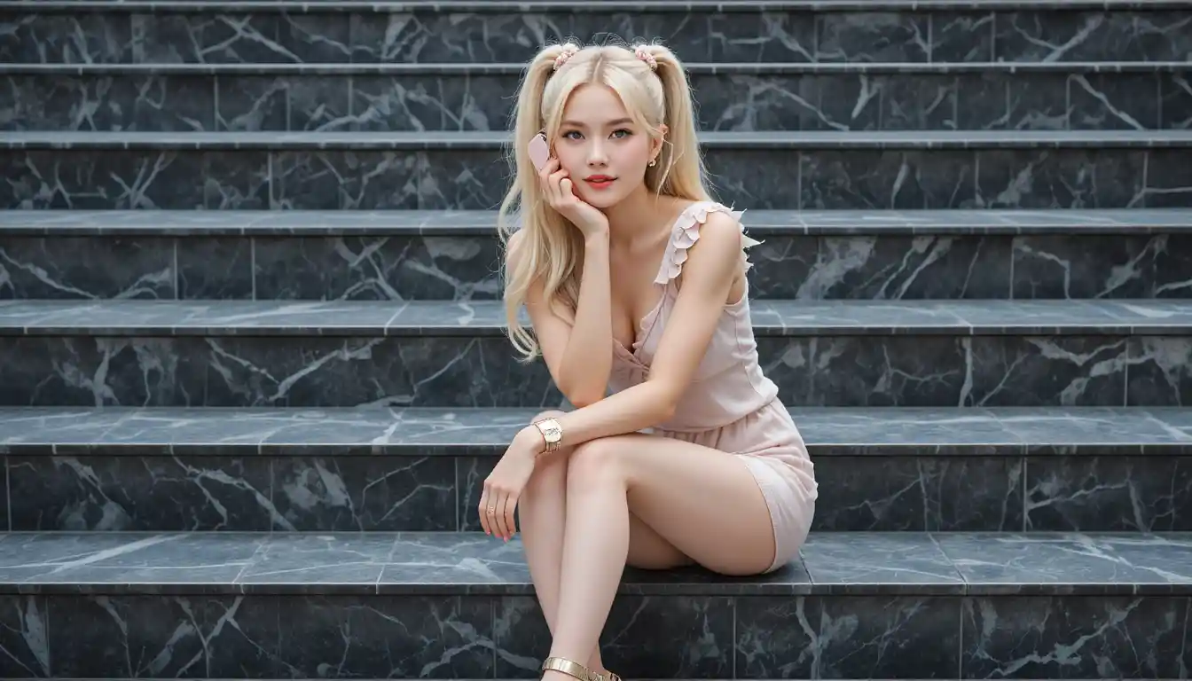 Young woman sitting on dark marble stairs in pink outfit