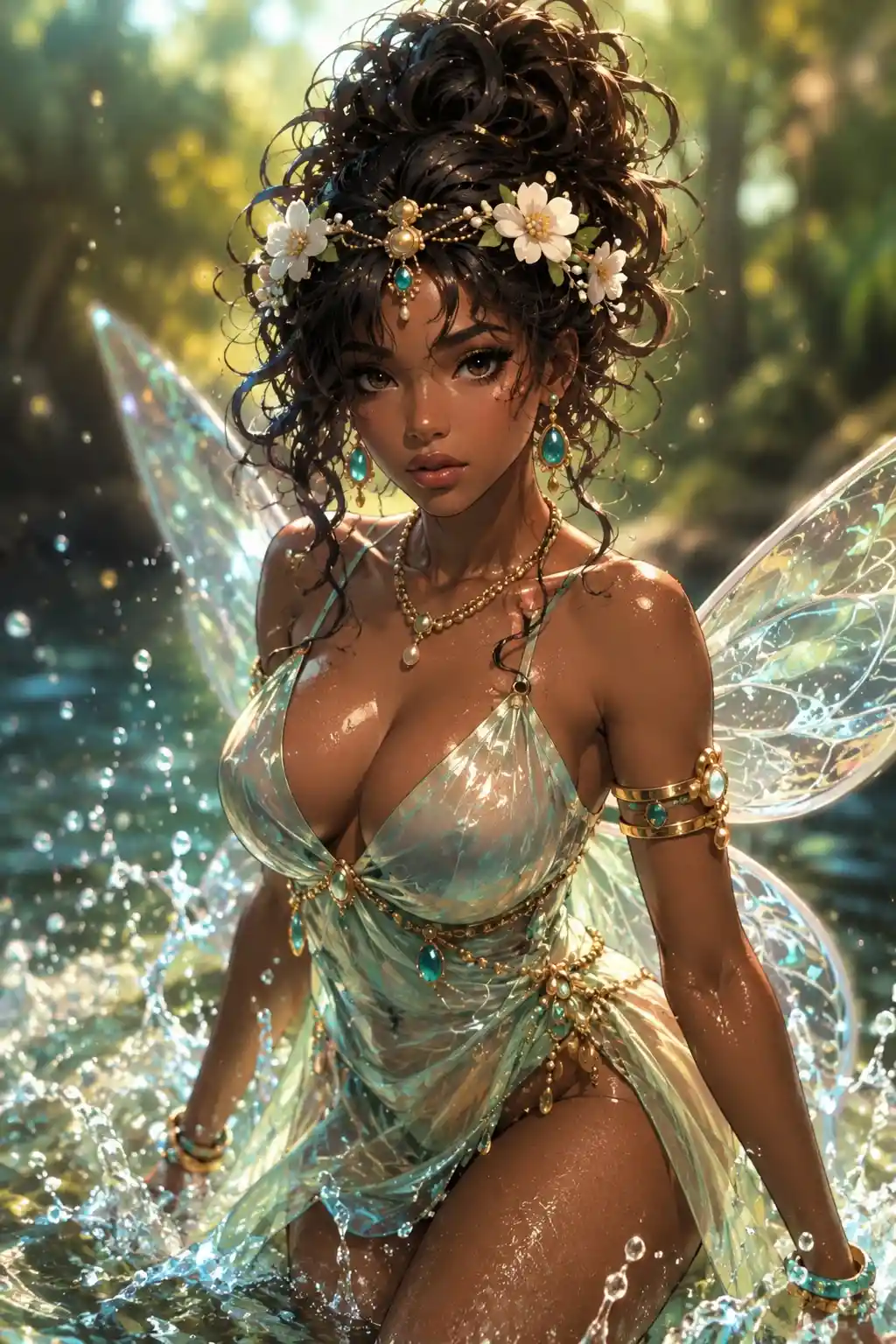 Curvaceous fairy woman with messy bun in summer water scene