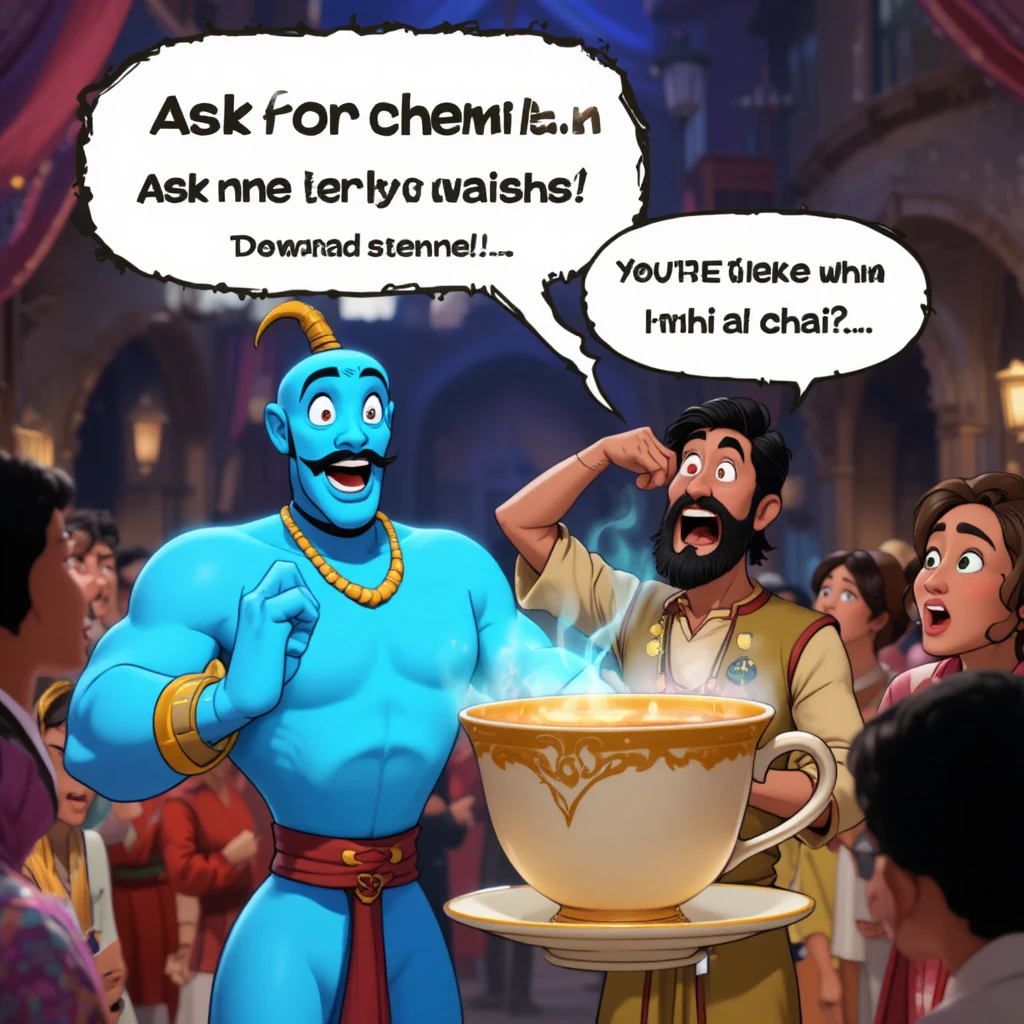 Comical genie grants a chai wish with a giant teacup