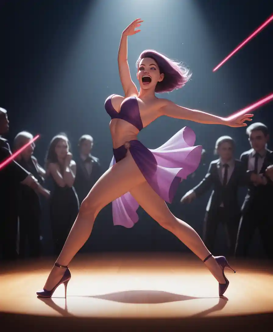 Smiling girl dancing in heels on a crowded nightclub floor