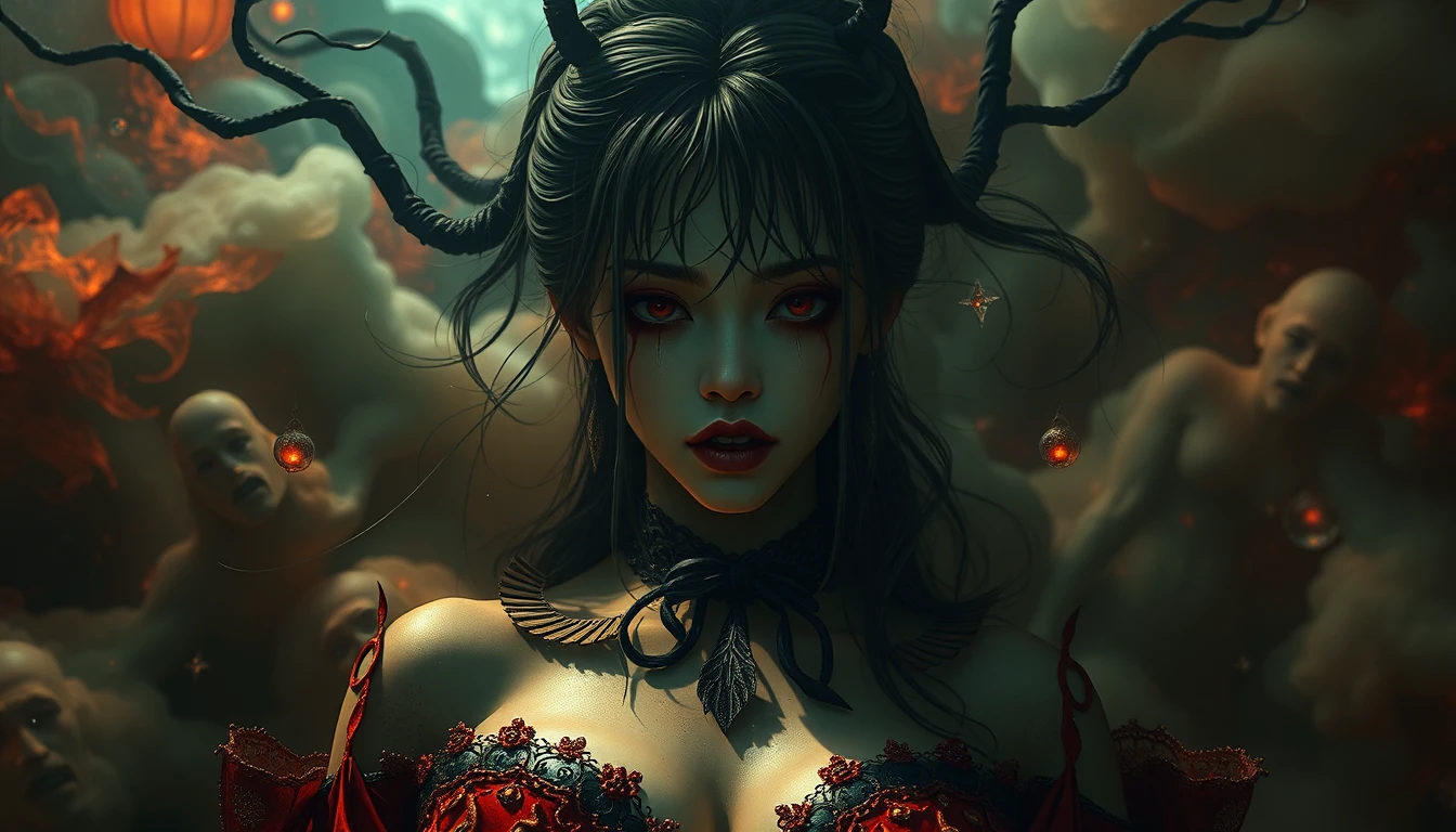 Surreal cinematic dreamscape blending horror and sensuality