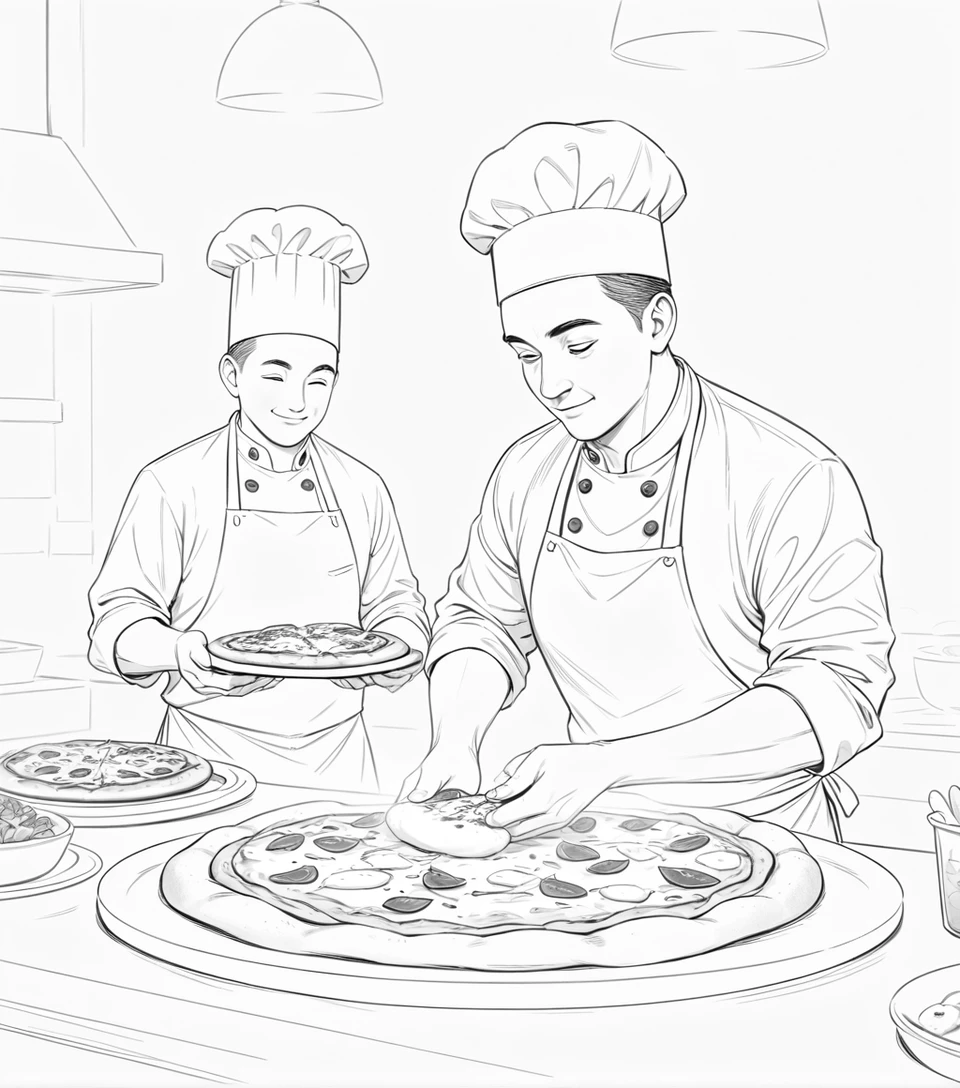 Cozy pizza restaurant interior with wood fired oven and diners