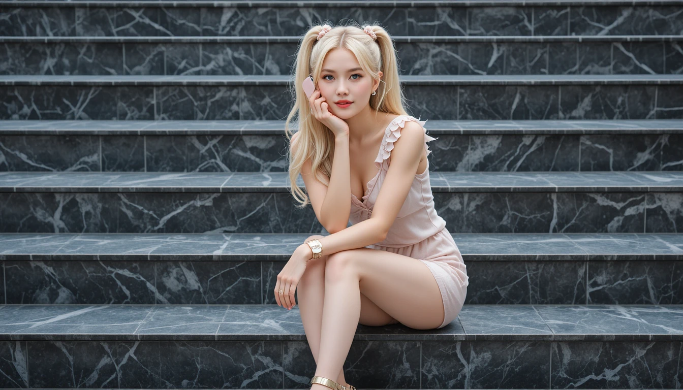 Young woman sitting on dark marble stairs in pink outfit