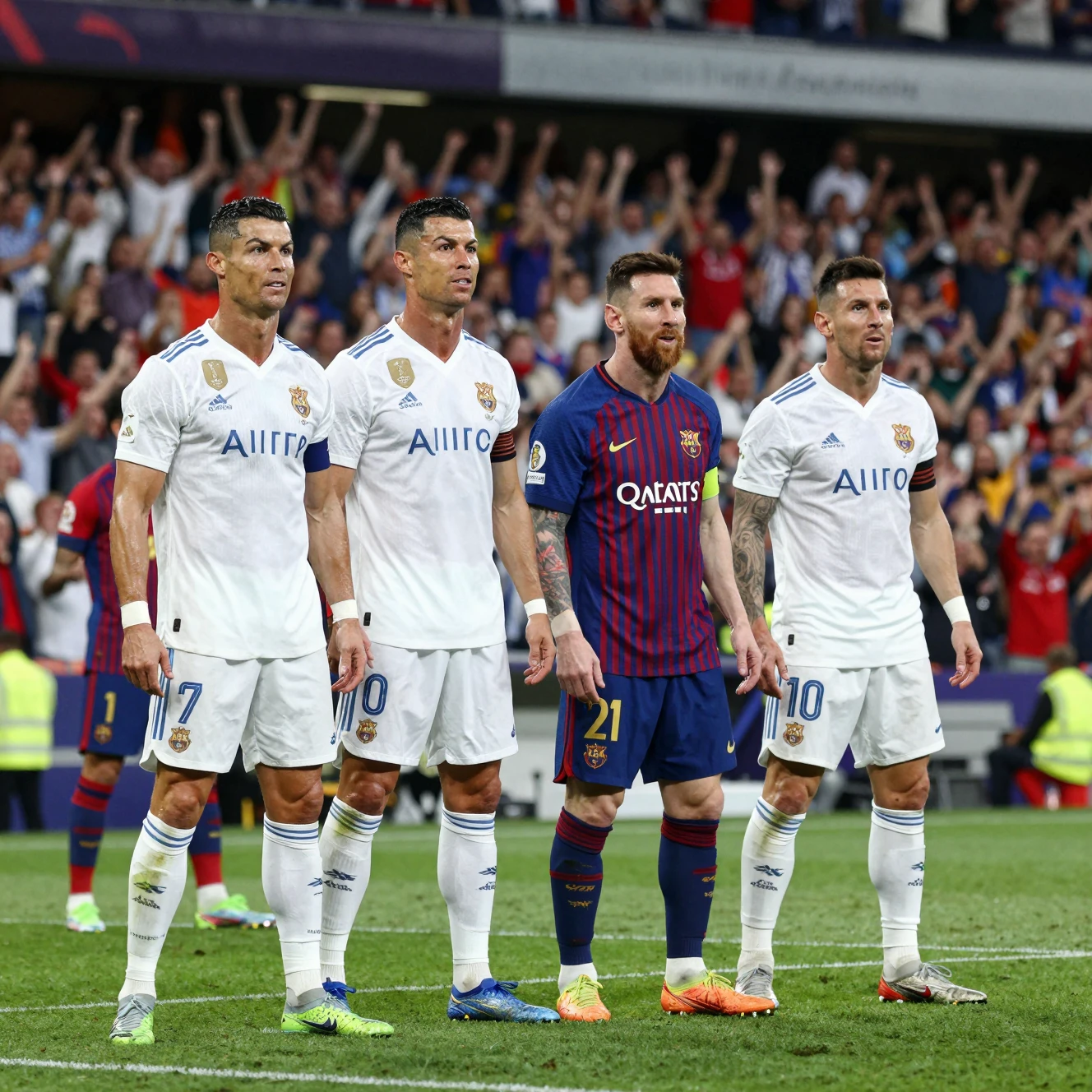 Famous soccer players standing together in a crowded stadium