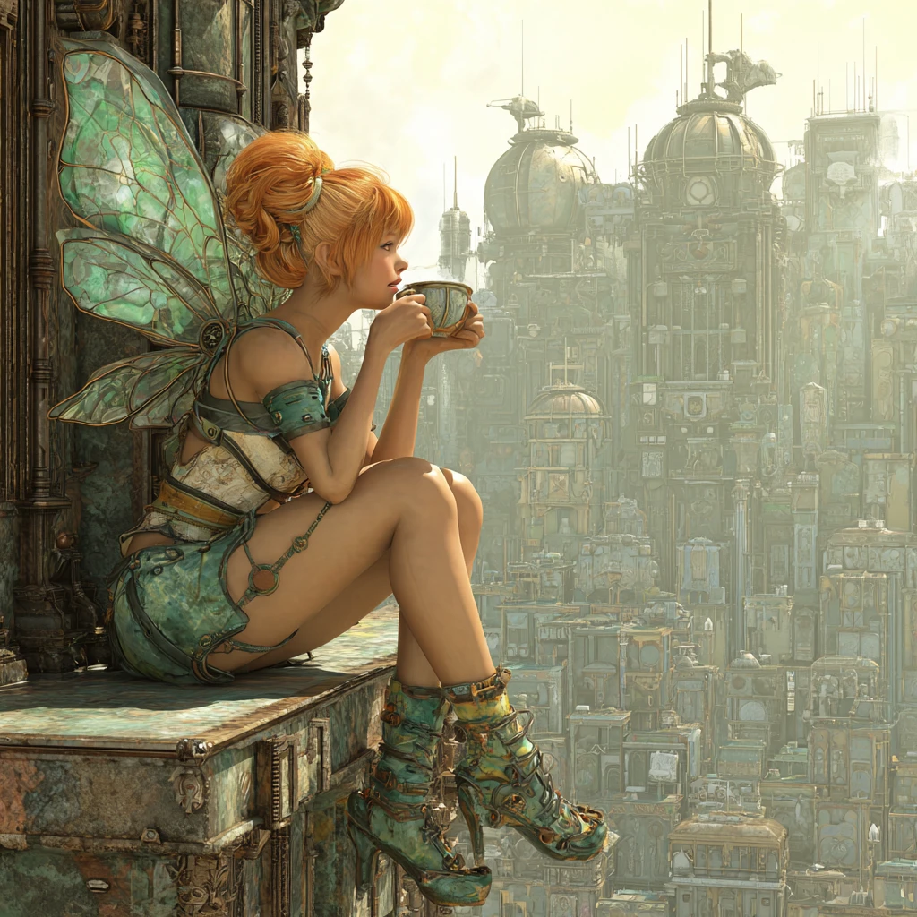 Hada steampunk en una azotea con café matutino