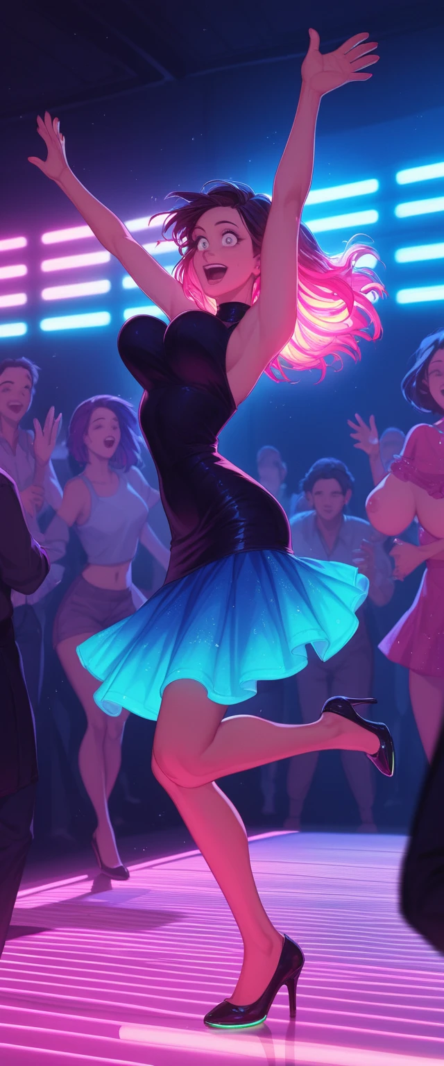 Smiling girl dancing in a vibrant upscale nightclub