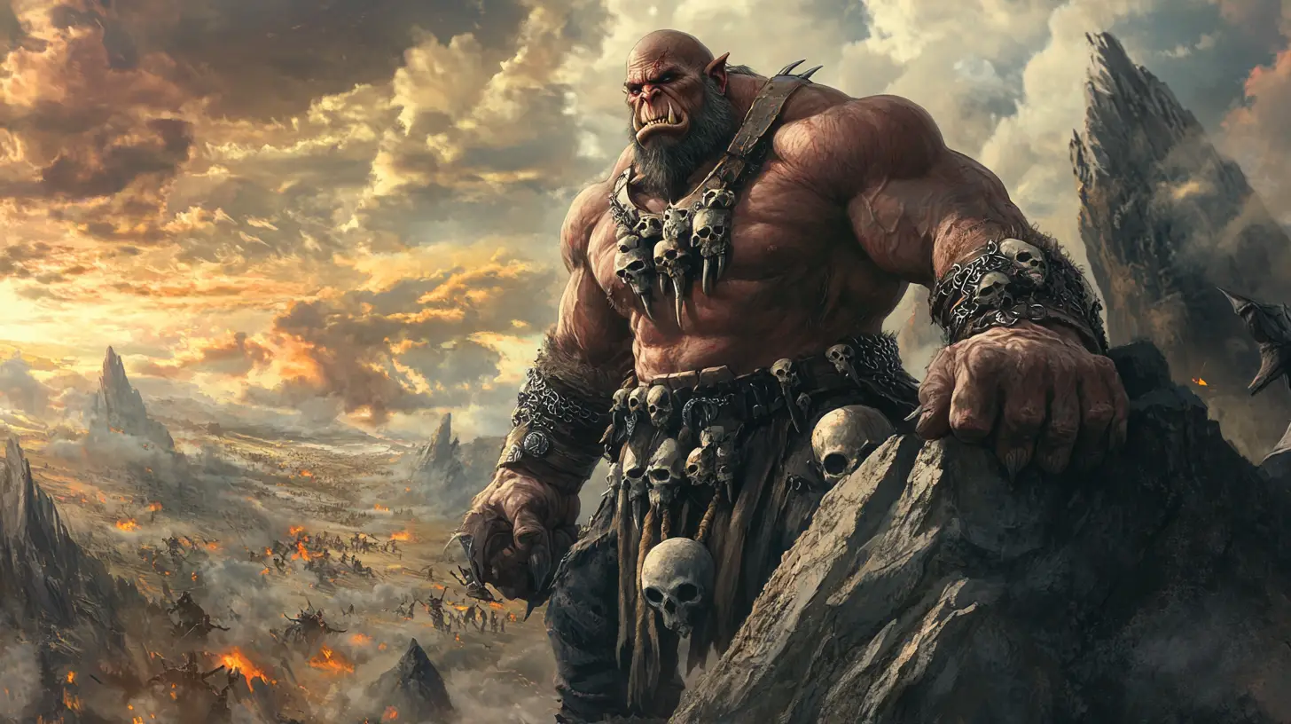 Scarred orc warlord overlooking a vast fantasy battlefield