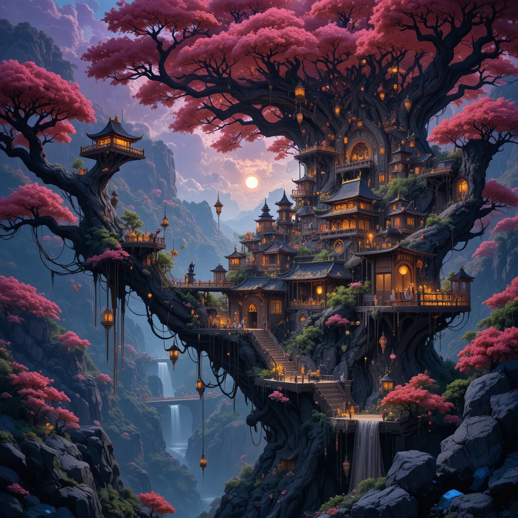 Tiny fantasy city built among the branches of an old bonsai