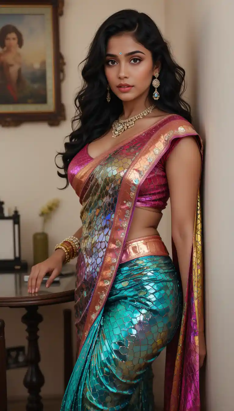 Indian woman in glossy mirror saree leaning in rustic room