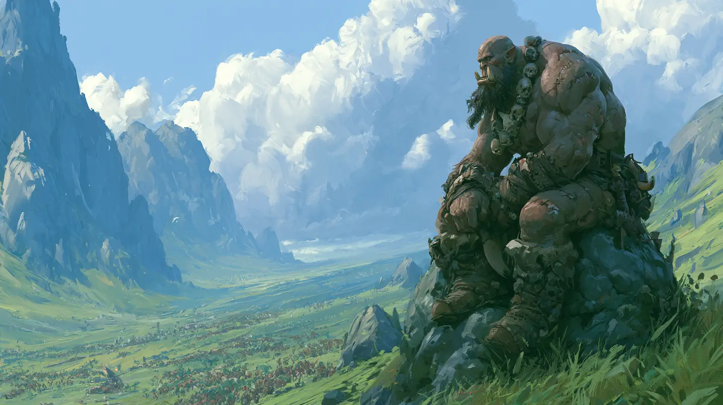 Scarred Orc Warlord Overlooking a Vast Battle Valley