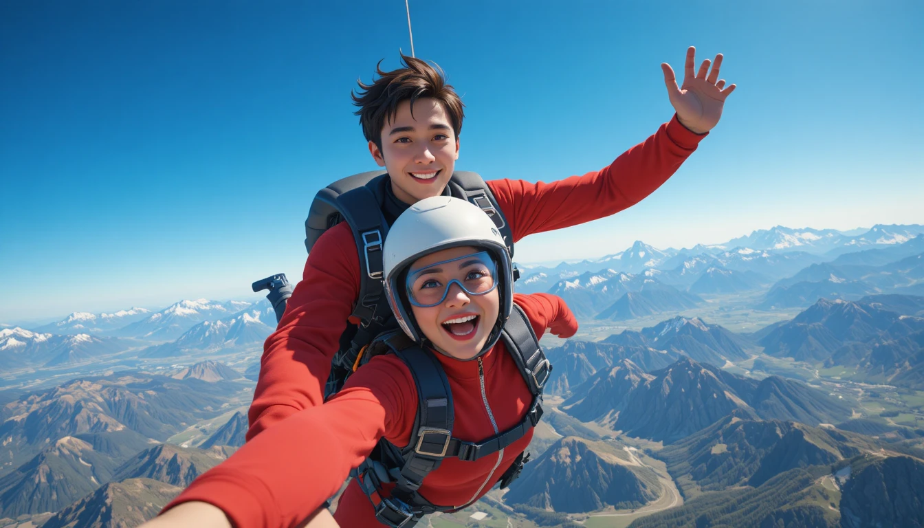 Young couple tandem skydiving above snowy mountain peaks