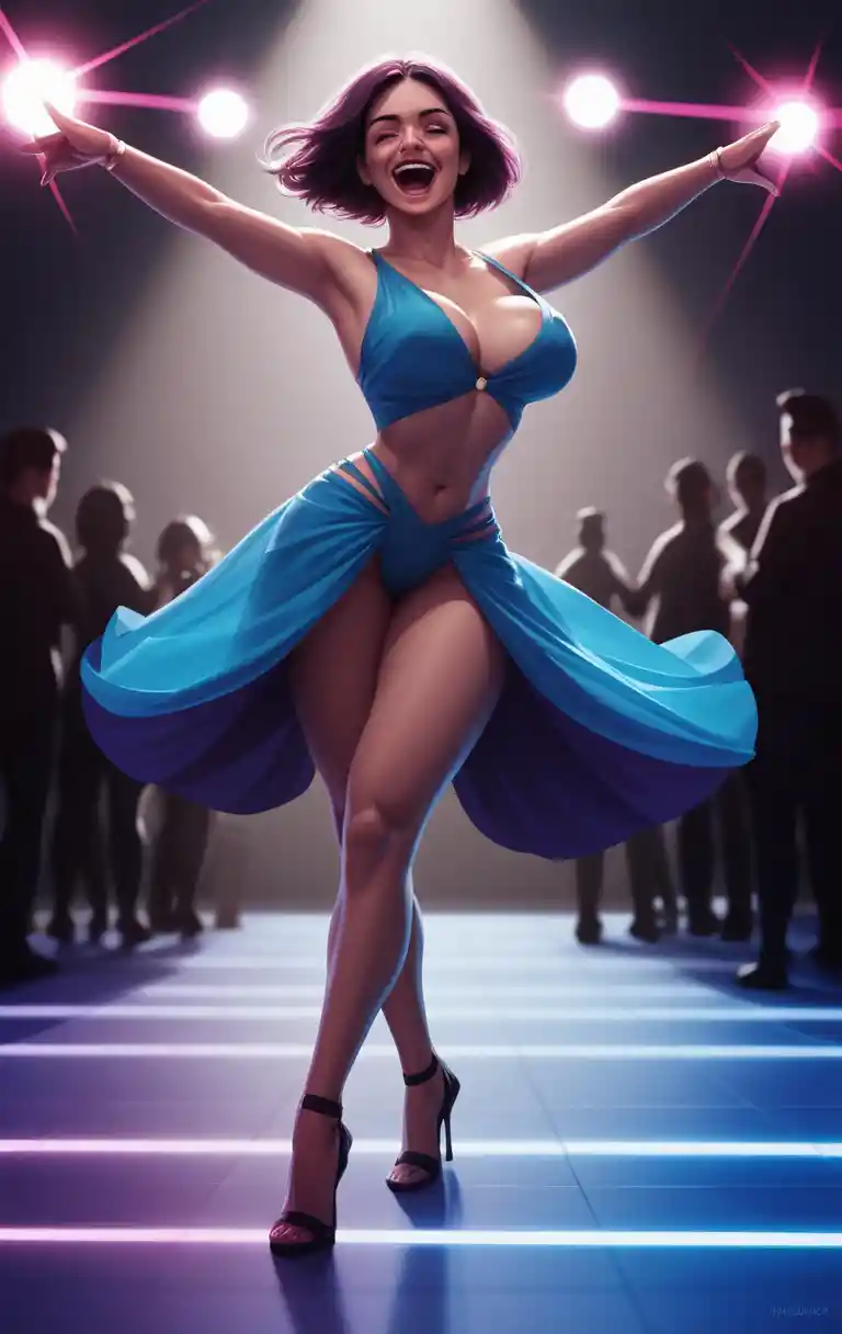 Smiling girl dancing in a dark modern nightclub