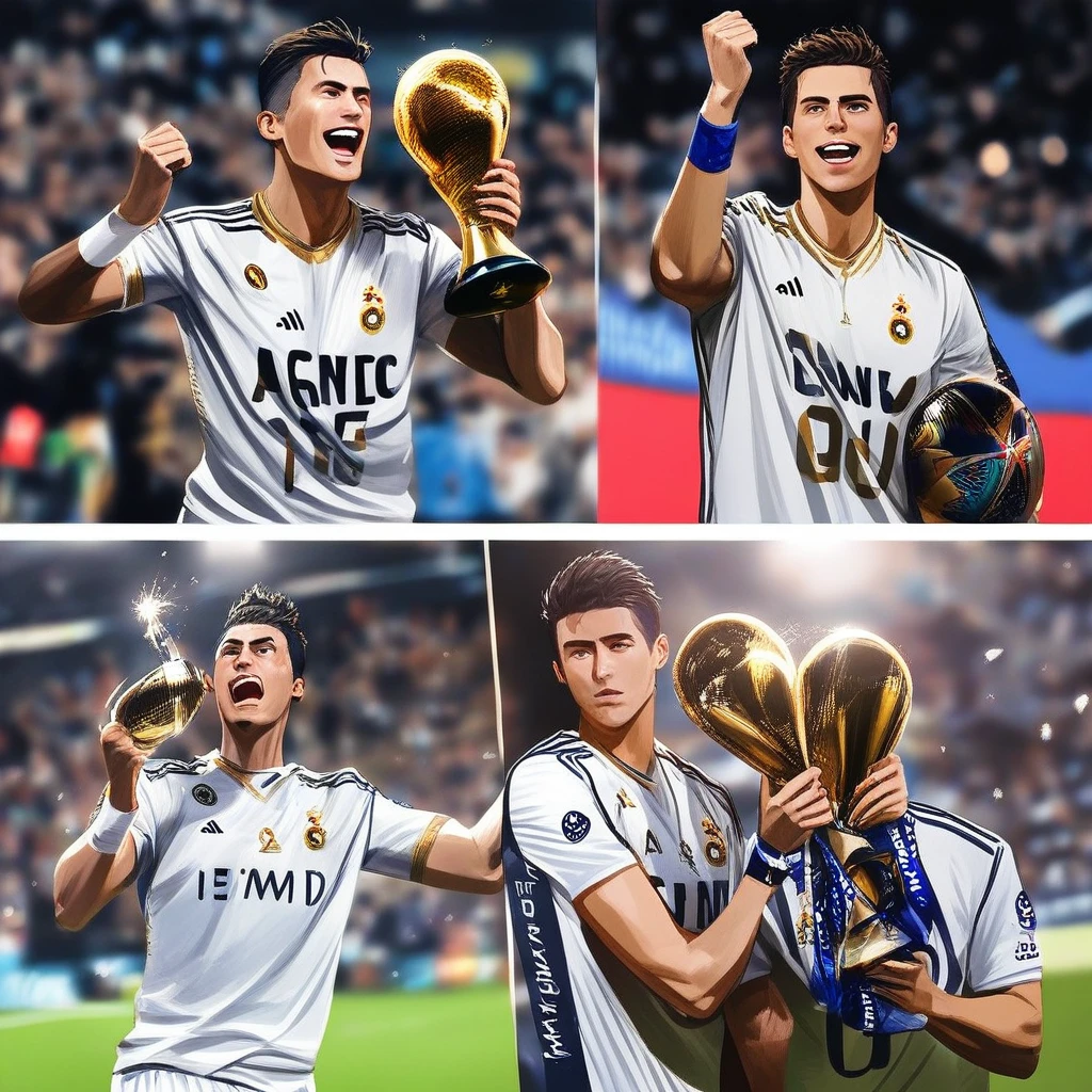 Soccer star lifting the World Cup trophy in celebration