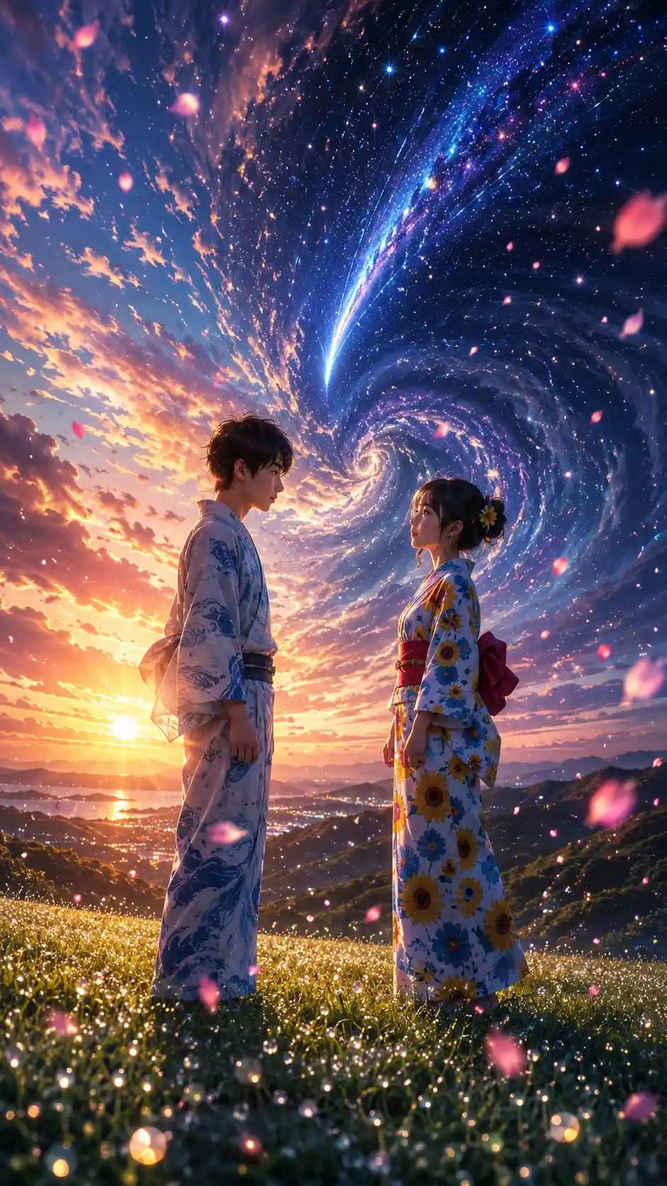 Anime couple on a dewy hill beneath swirling day and night sky