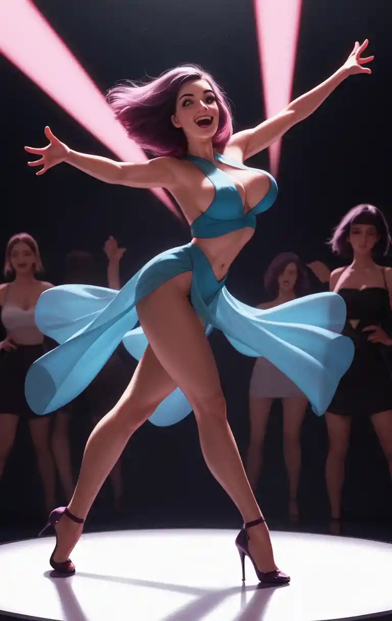 Joyful woman dancing in a dark modern nightclub