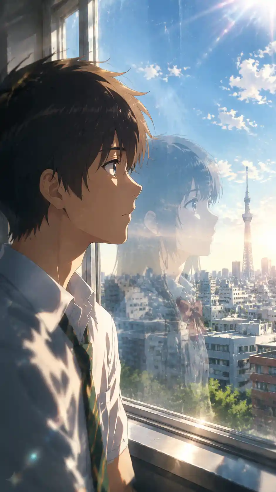 Anime boy gazing through a sunlit classroom window