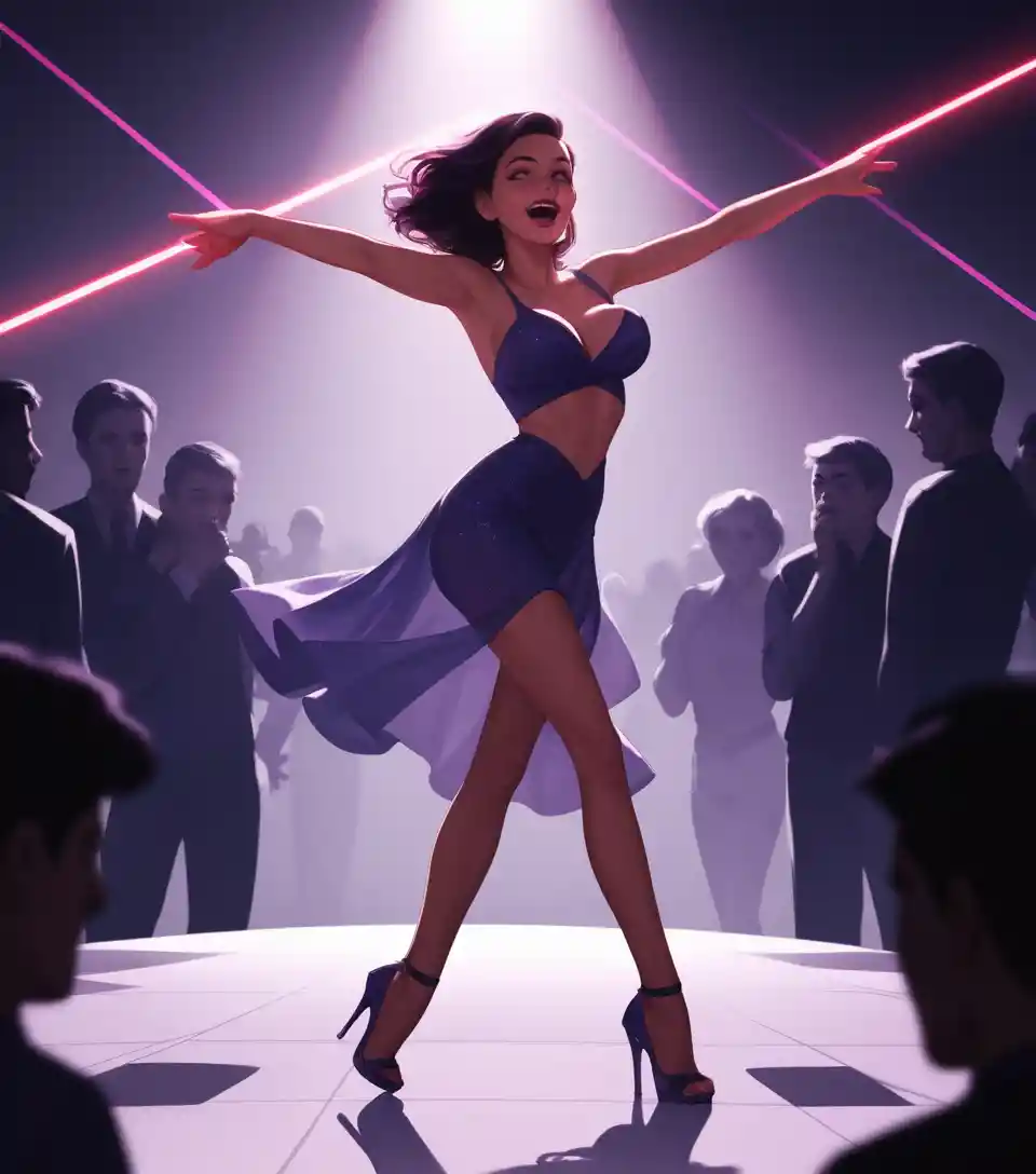 Joyful girl dancing in a crowded modern nightclub