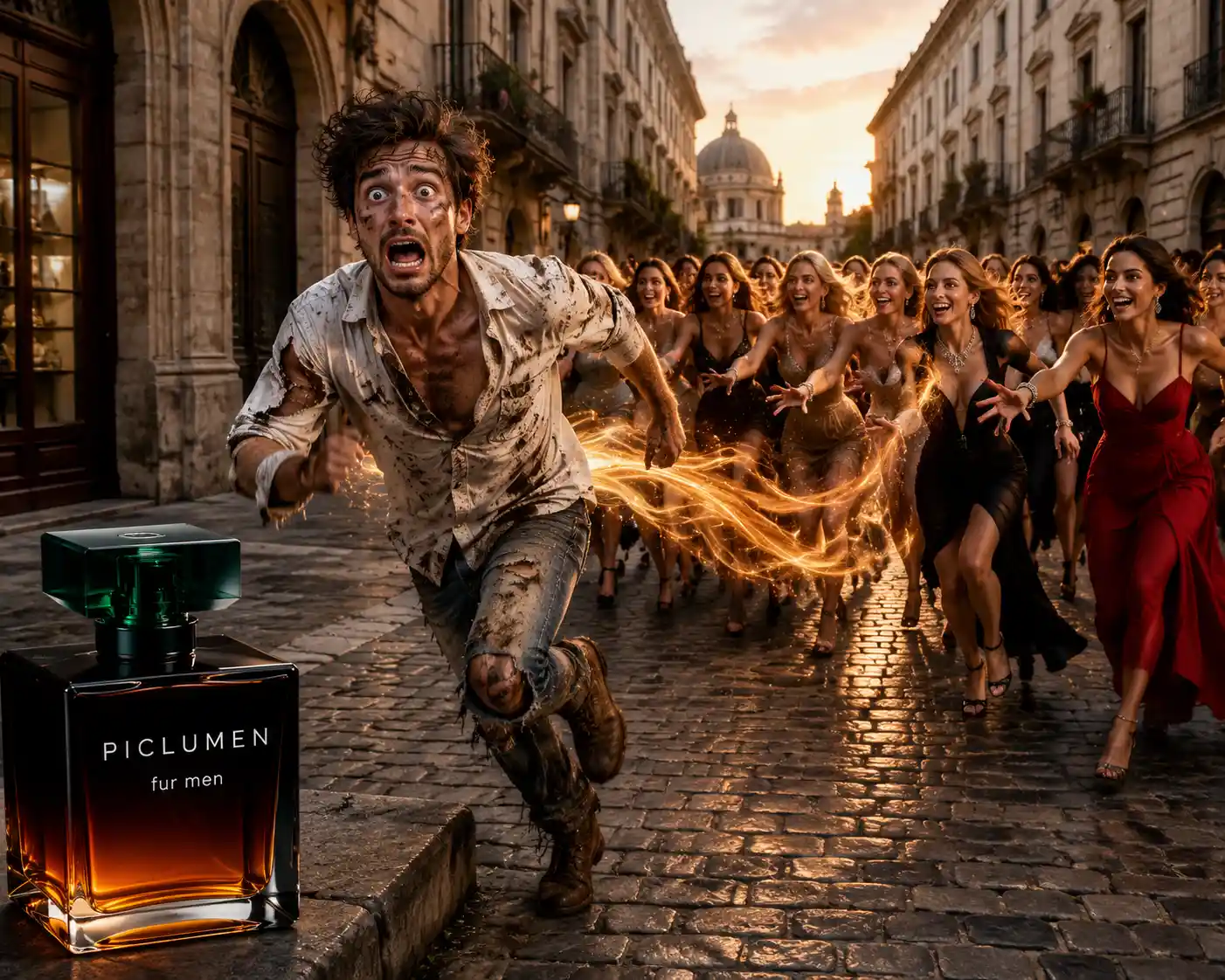 Panicked man running on cobblestone street perfume ad