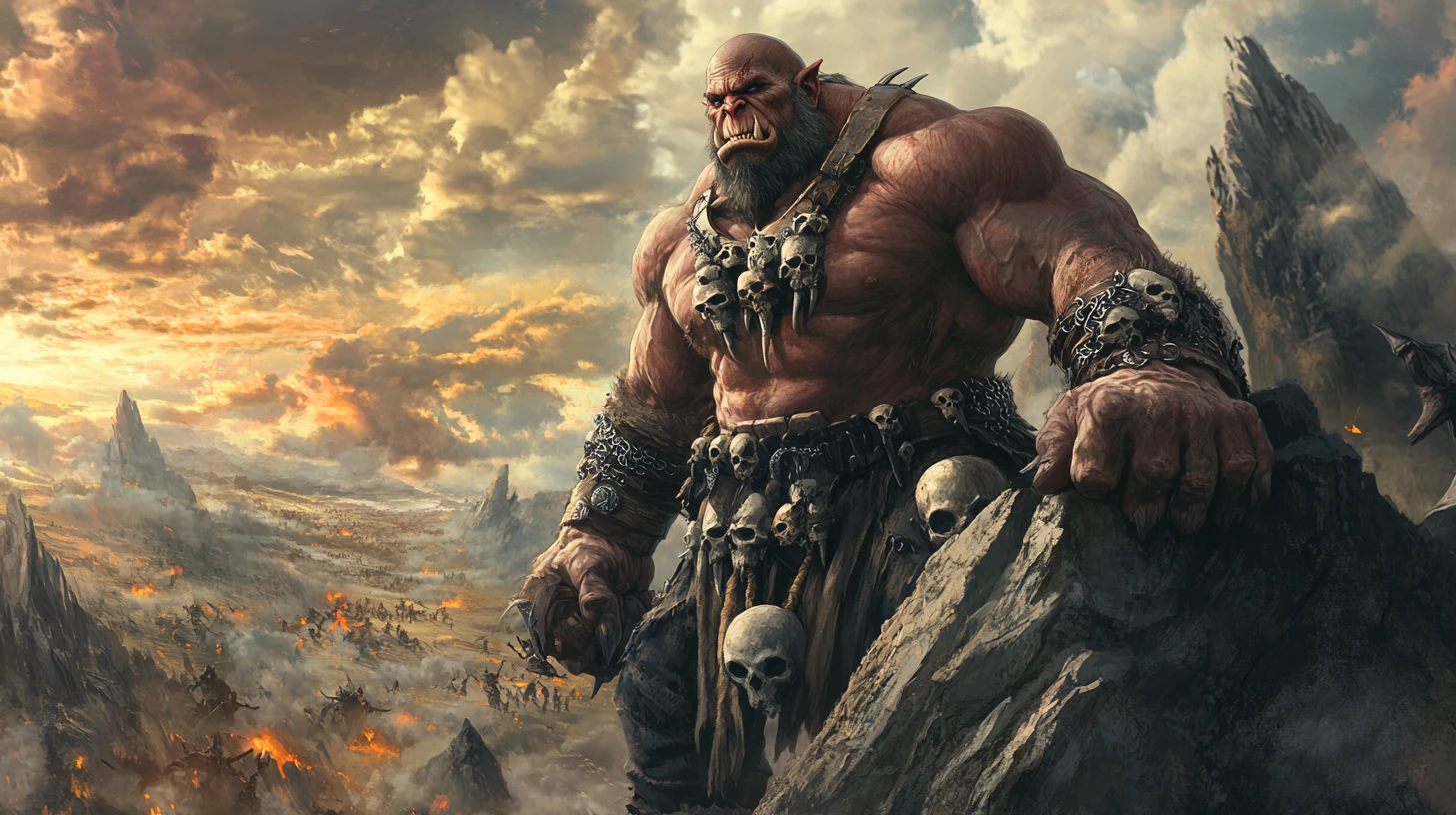 Scarred orc warlord overlooking a vast fantasy battlefield