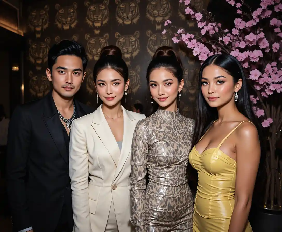 Four stylish friends posing at an upscale indoor event