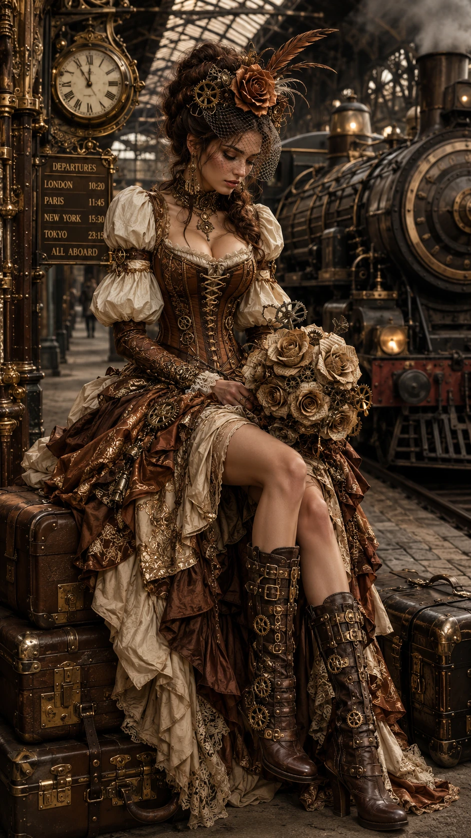 Mujer steampunk sentada sobre maletas vintage en la estación de tren