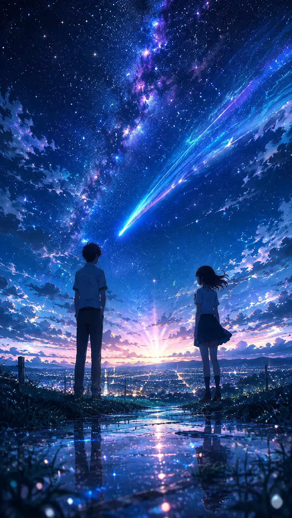 Two students on a hill beneath a glowing comet sky