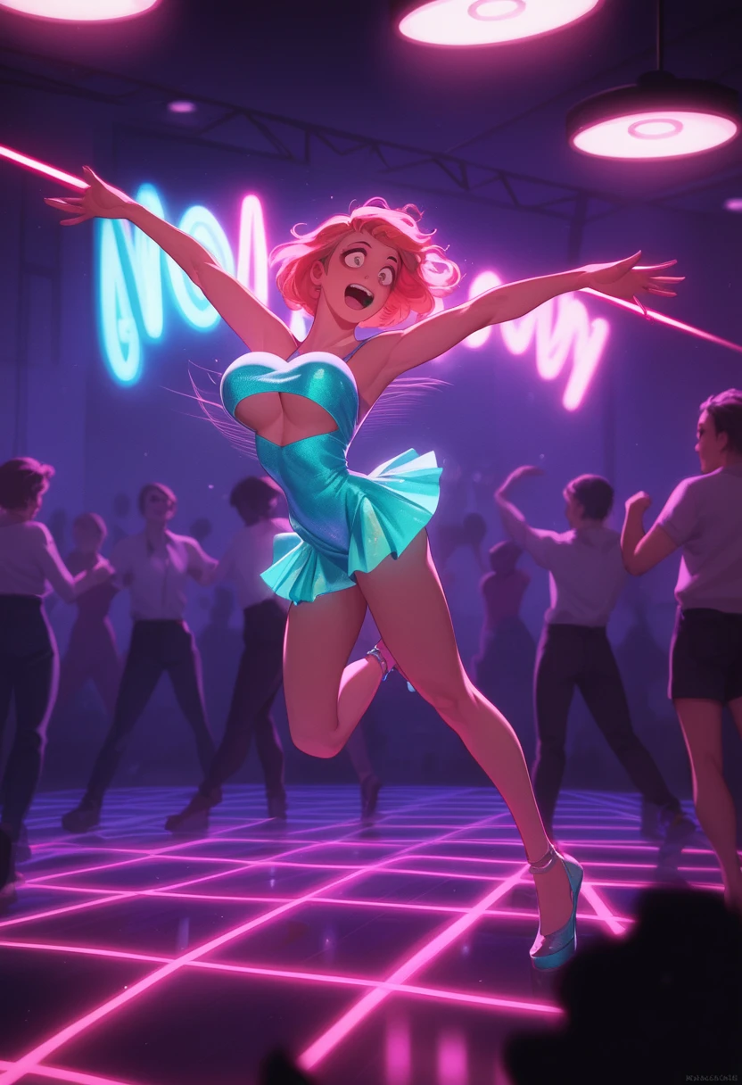 Smiling girl dancing in a vibrant upscale nightclub