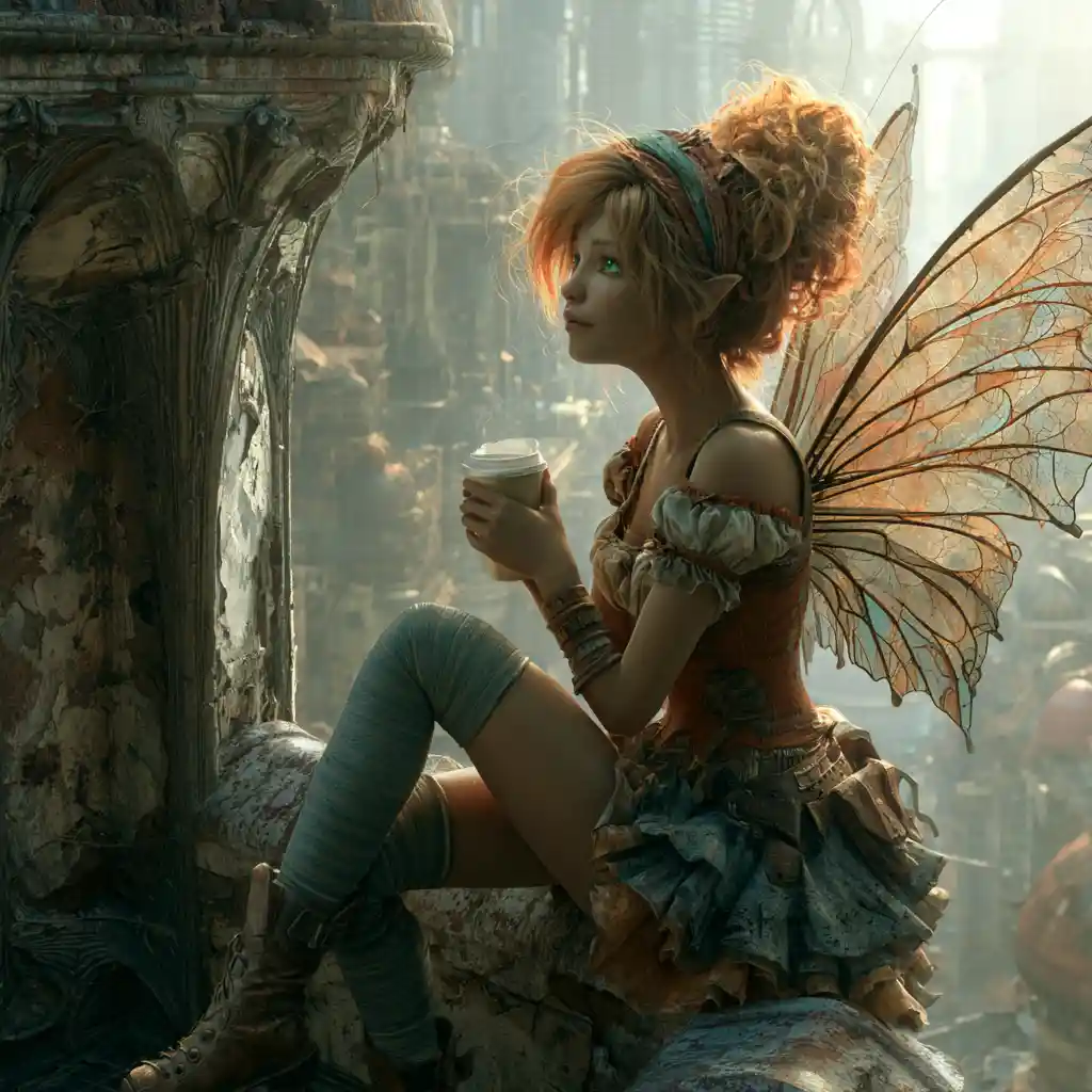 Steampunk fairy relaxing with coffee above a futuristic city