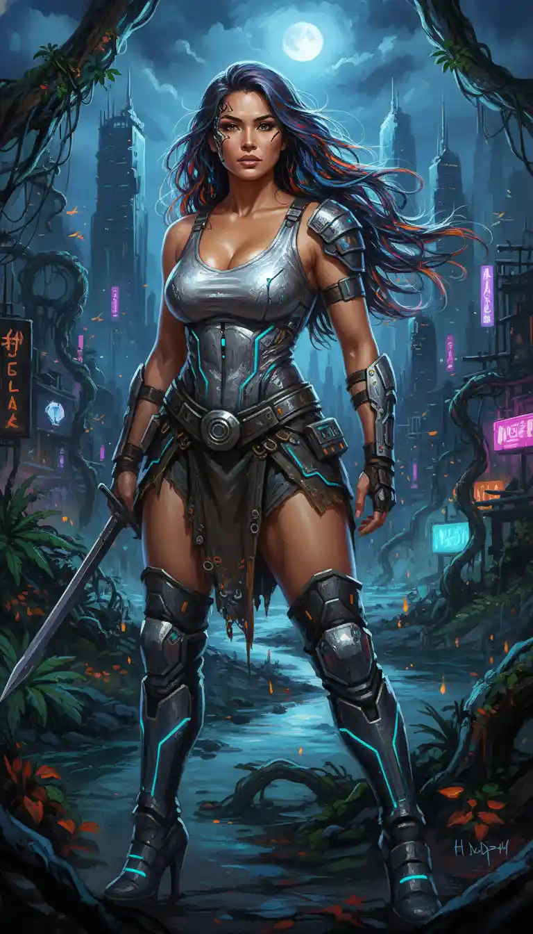 Cyberpunk gladiator woman in a neon night city