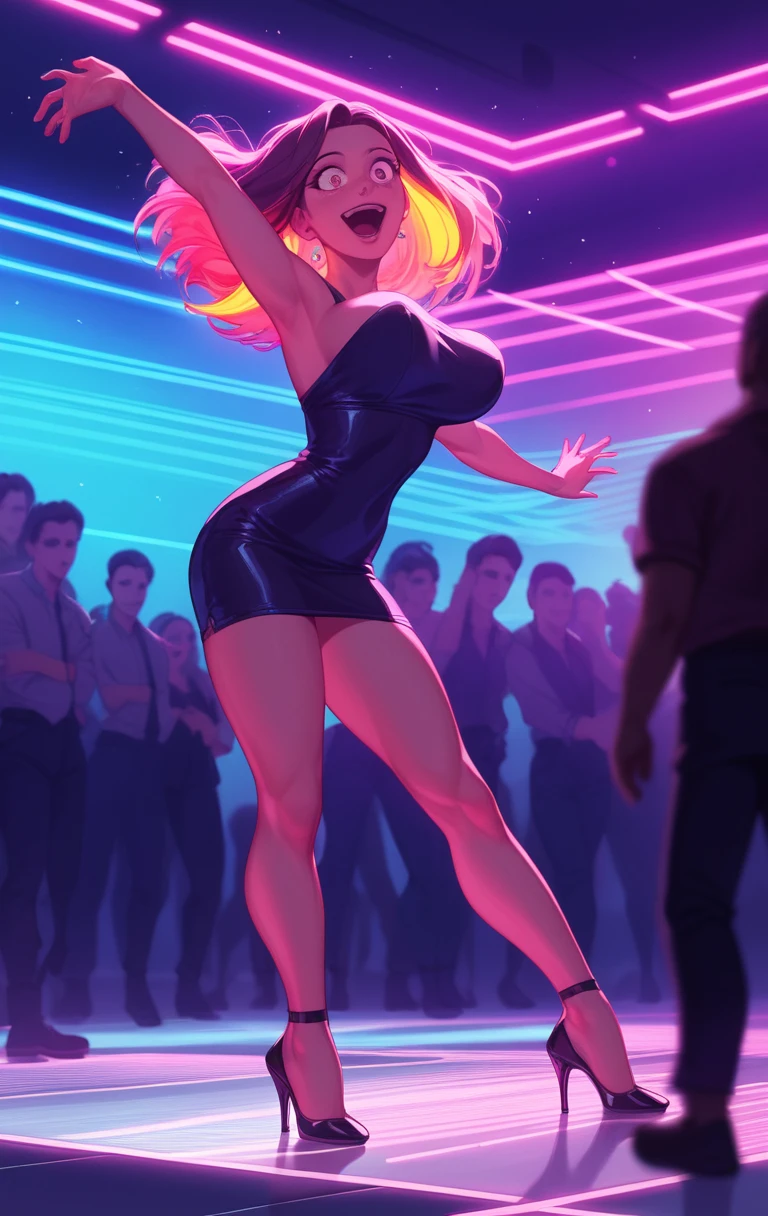 Smiling girl dancing in a vibrant upscale nightclub