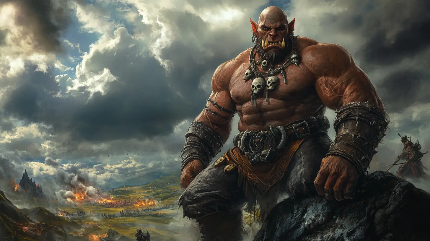 Muscular orc warrior standing on a rock above battle