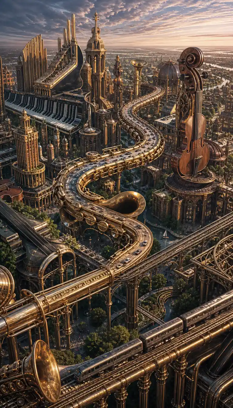 Futuristic city skyline transforming into musical instruments