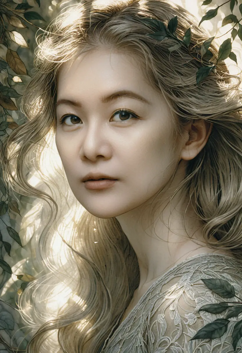 Woman in profile with flowing hair in dappled sunlight
