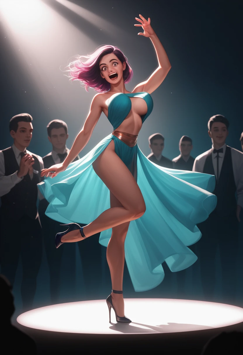 Joyful girl dancing in a dark modern nightclub