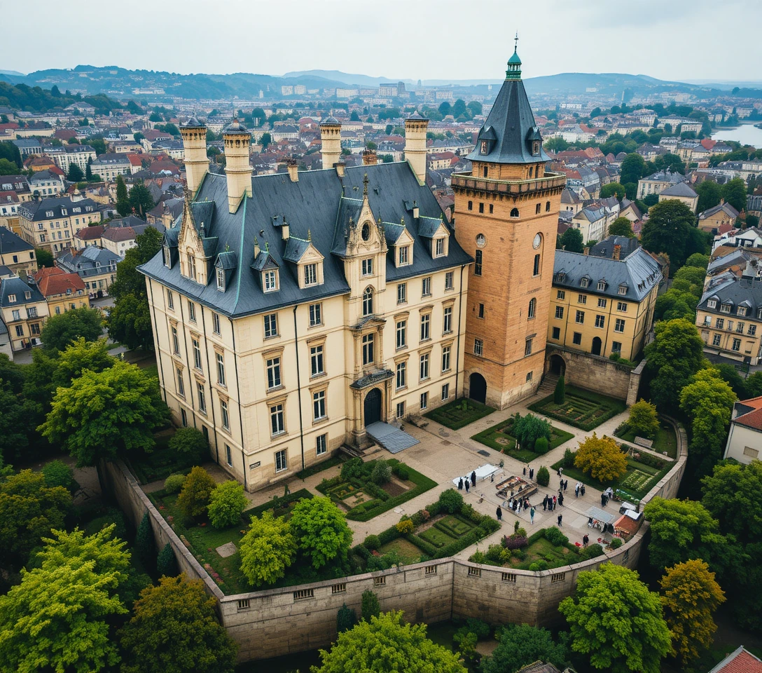 Aerial view of historic French castle in cityscape
