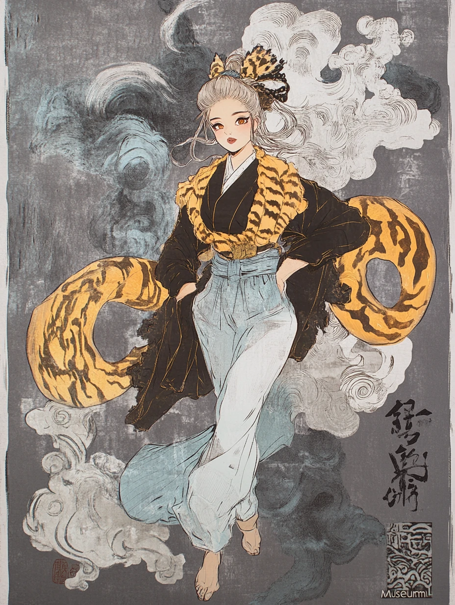 Stylish gyaru woman in ukiyo e inspired museum scene