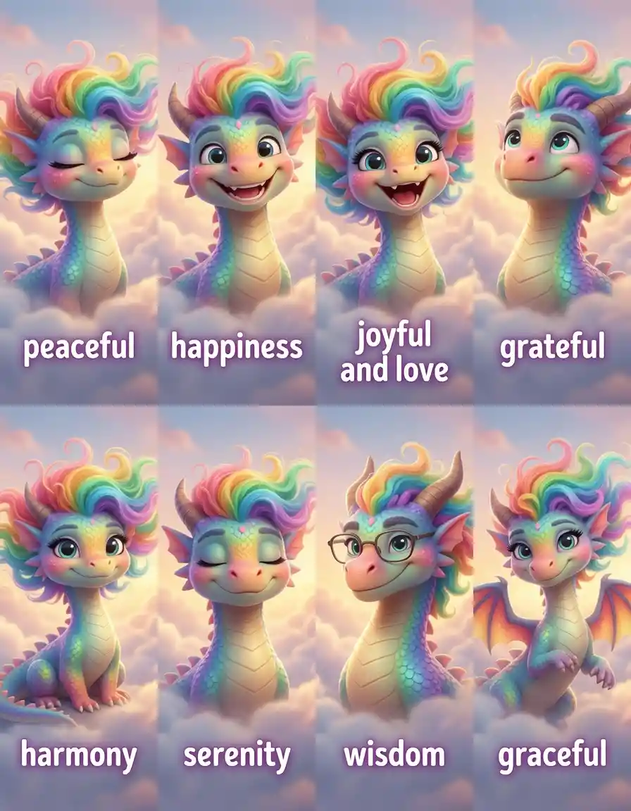 Colorful 3D cartoon dragons with flowing curly hair