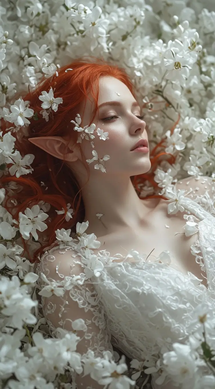 Elf woman resting in white flowers dreamy portrait
