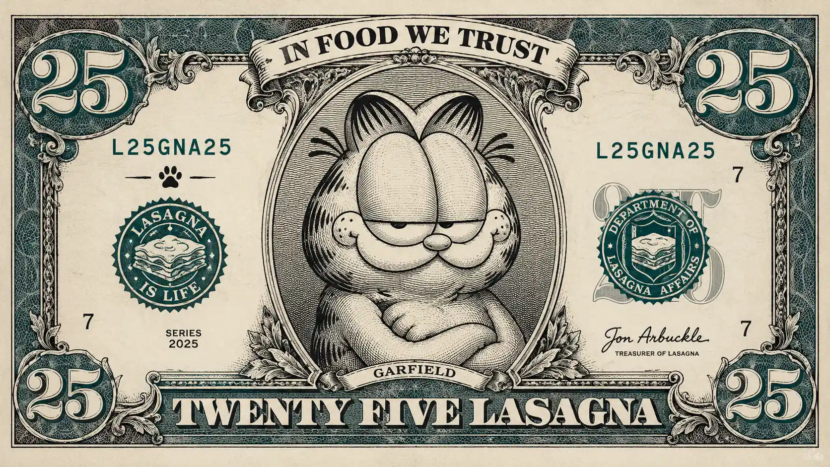 Banconota giocosa da venticinque dollari con ritratto di gatto cartoon