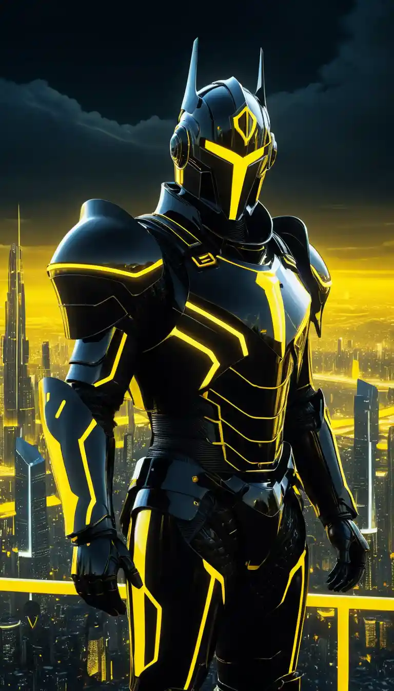 Futuristic AI warrior in black armor over neon city