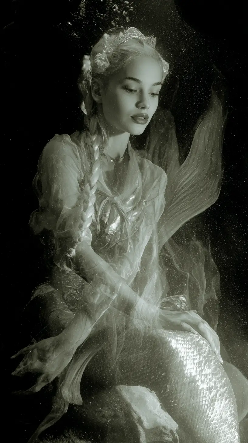 Sirena inquietante en un mundo submarino surrealista y sin sueños