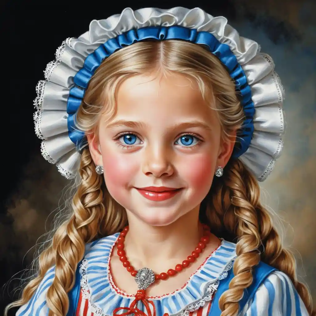 Smiling Dutch girl in traditional dress with braided blond hair