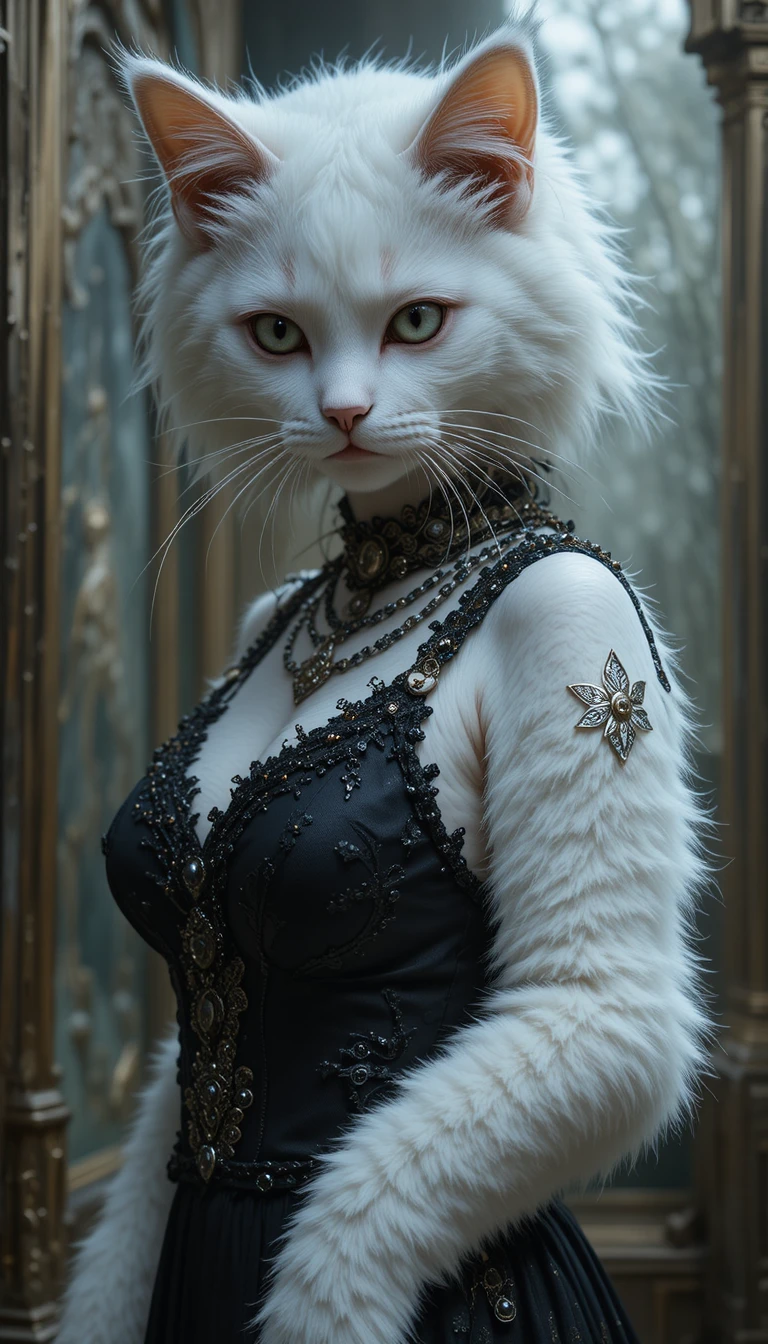 White fluffy cat in dark villain style at dusk