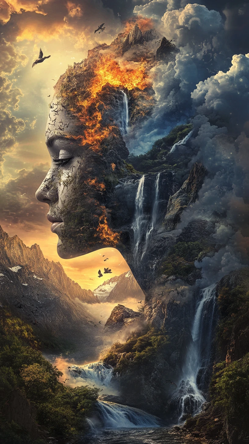 Elemental portrait face formed from earth water air and fire